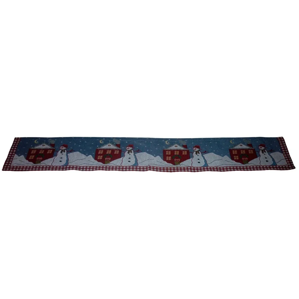 Christmas Snowman Tapestry Table Runner Winter Village Red Gingham 13x72 NEW